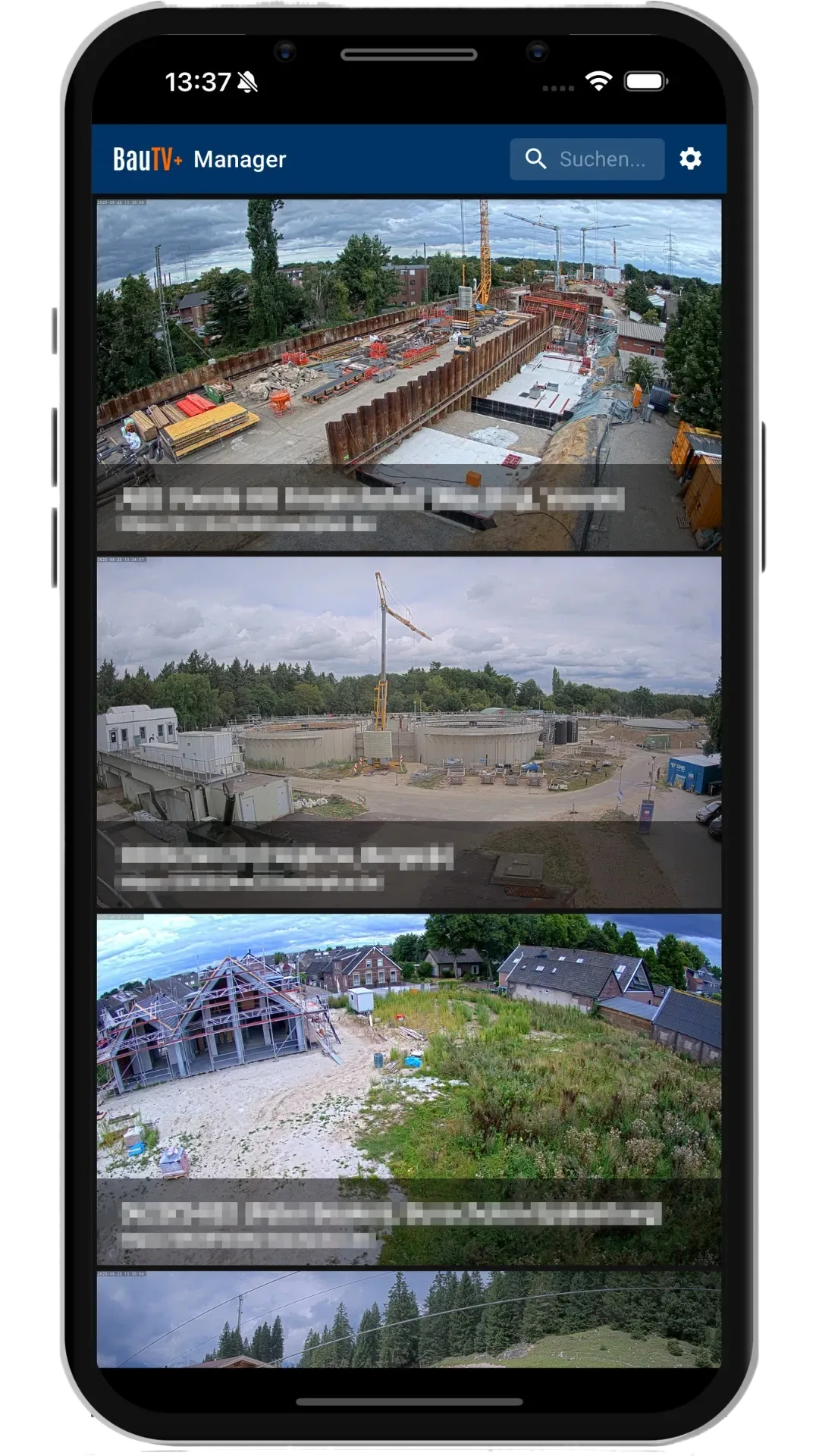 BauTV+ Manager app on a smartphone showing multiple construction sites