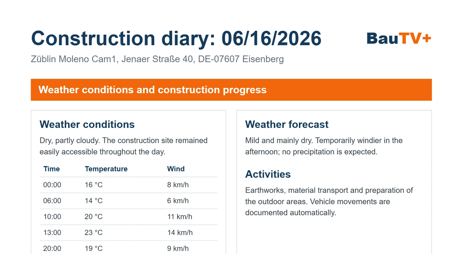 Digital site diary: construction progress and activities on 16.06.2026