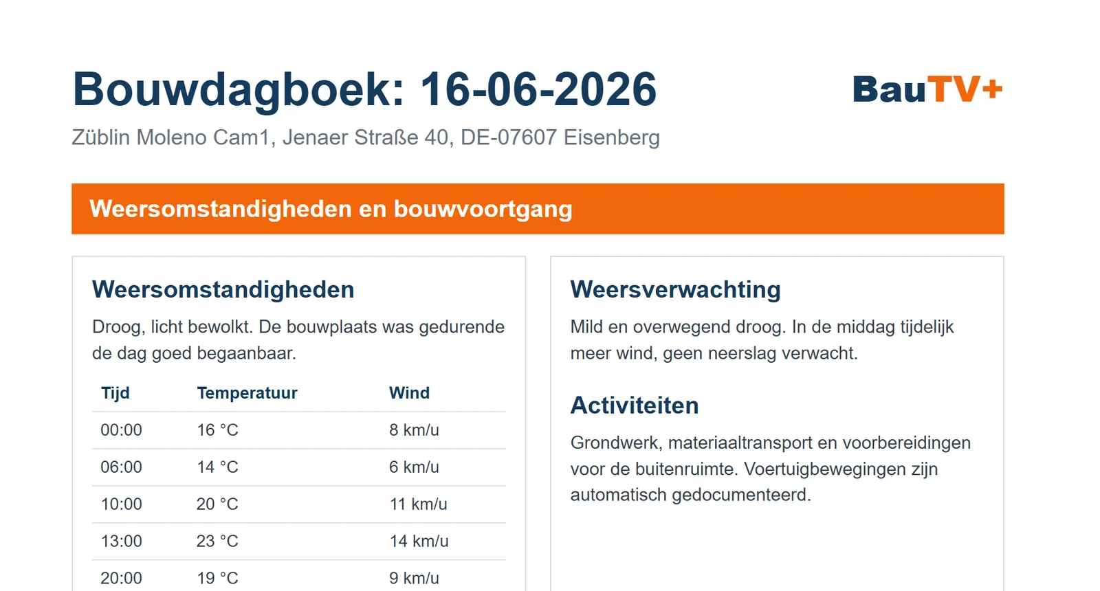 Digitaal bouwdagboek: bouwvoortgang en activiteiten van 16.06.2026