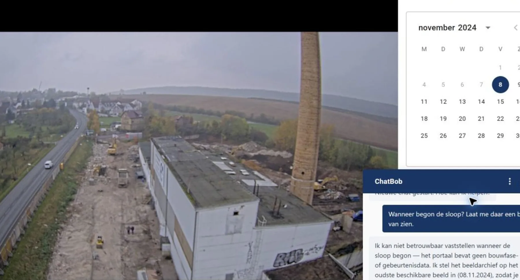 BauTV+ beeldarchief op 07.10.2025: volledig in de steigers staande ruwbouw, ChatBob-dialoog geopend