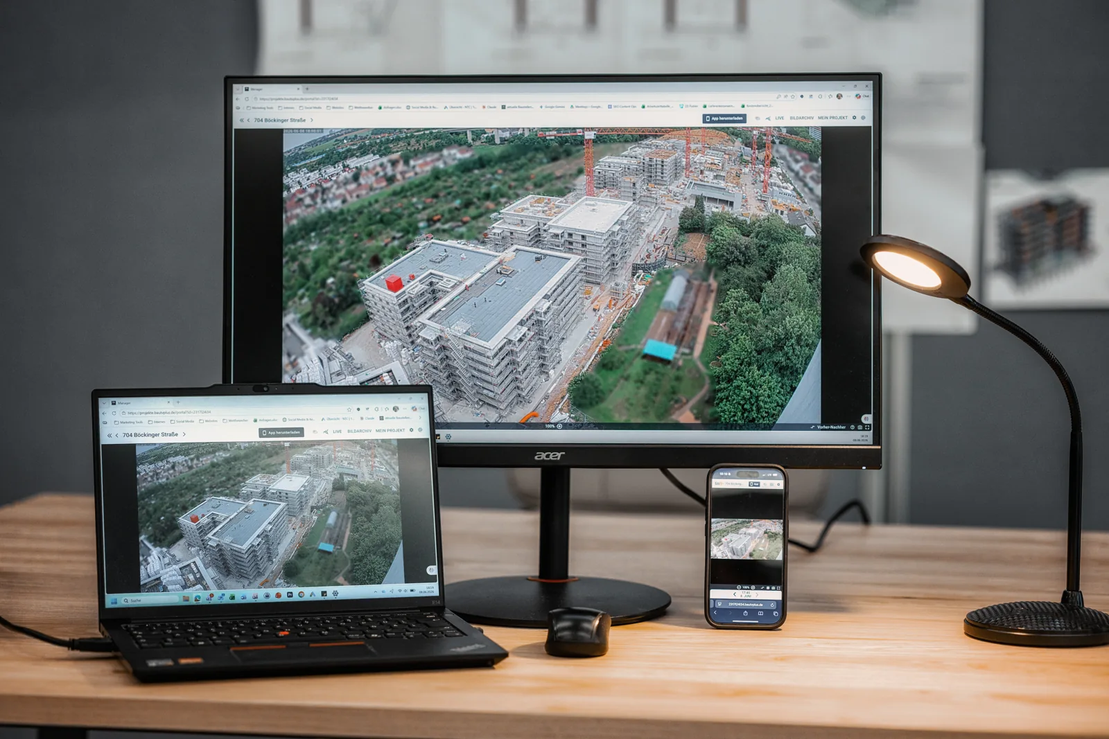 BauTV+ portal on monitor, laptop and smartphone — the same project on every device