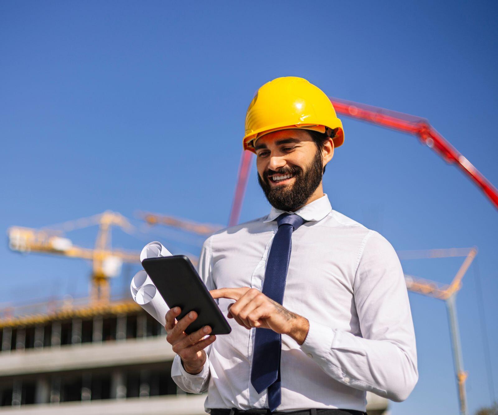 Site manager checking construction progress remotely on a laptop