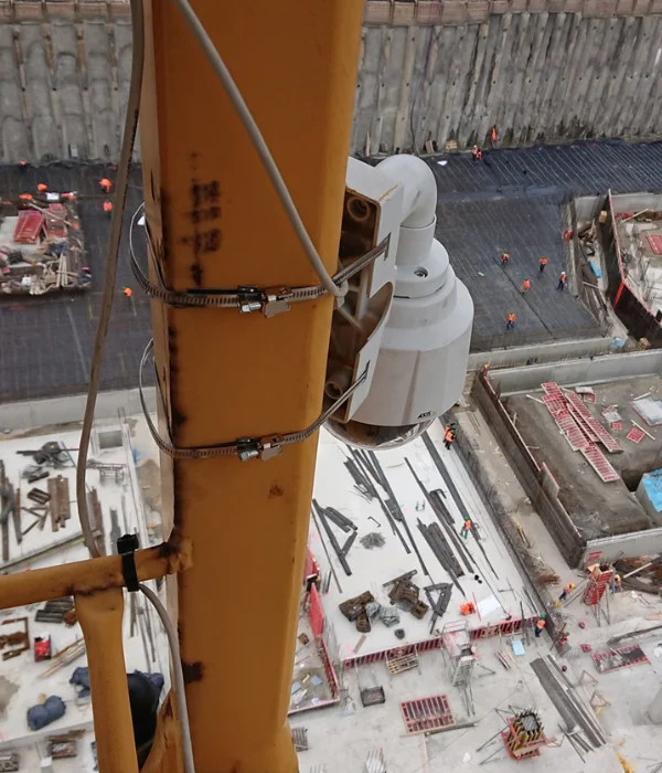 Construction site camera fixed to a tower crane giving an overview of the site