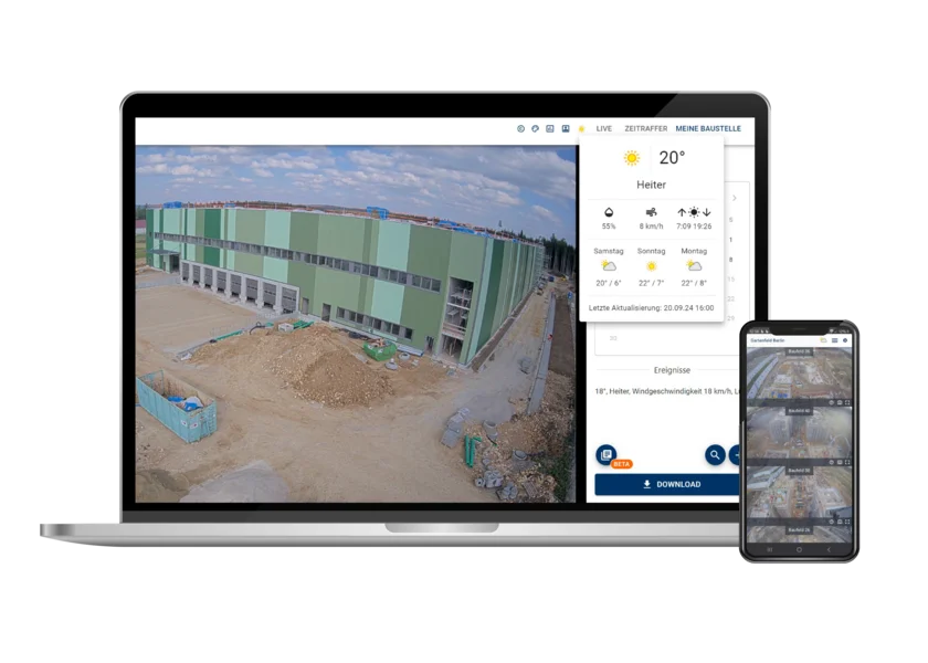 BauTV+ web portal on a laptop and smartphone – time-lapse camera for your construction site